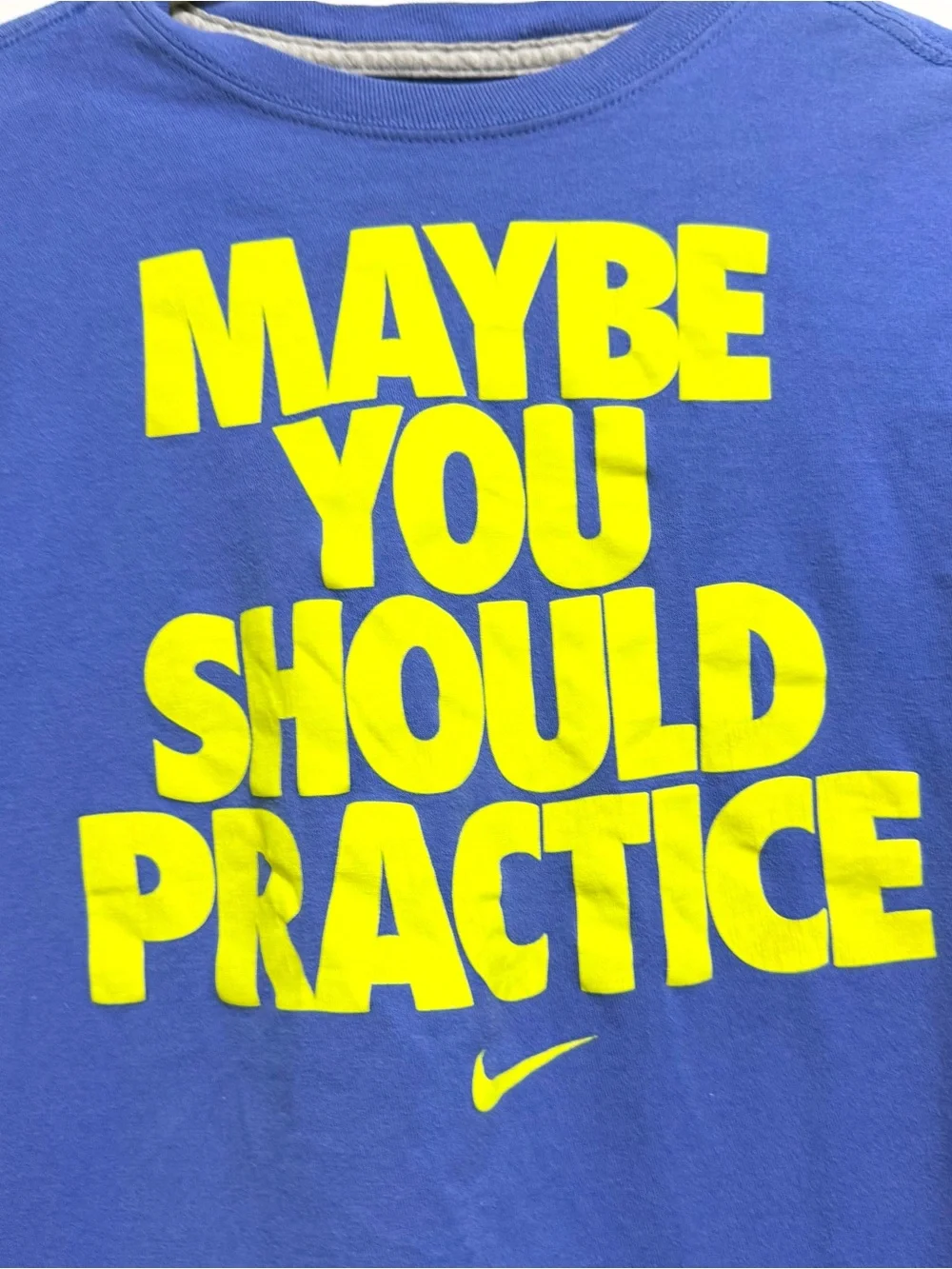 NIKE Boys Maybe You Should Practice Graphic T Shirt Blue Yellow Youth M